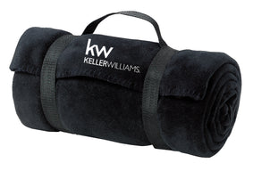 black rolled fleece blanket with strap and white Keller Williams logo