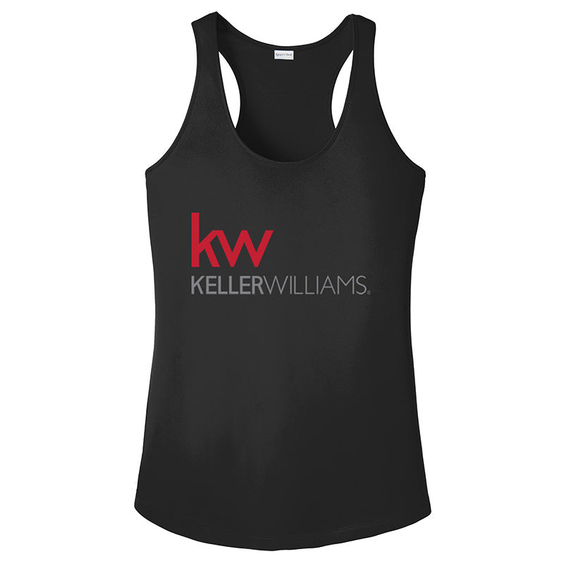 black racerback with screen printed Keller Williams logo in grey and red