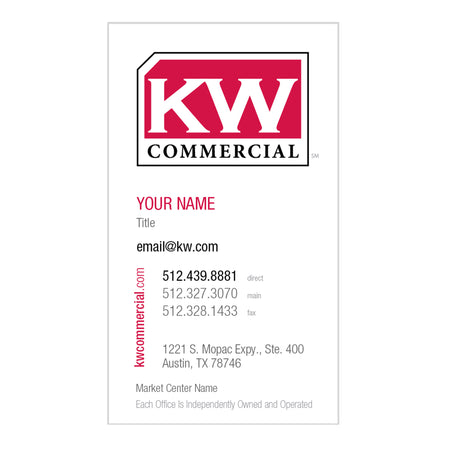 vertical white business card with Keller Williams commercial logo and personal information