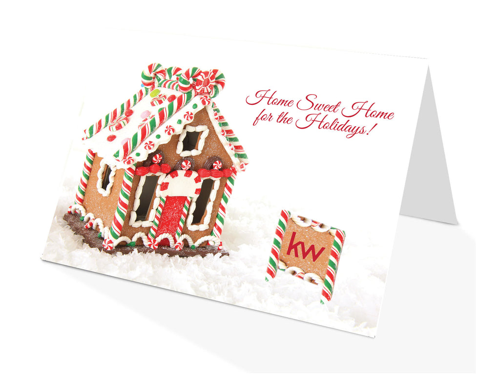Gingerbread house and KW sign with message "Home Sweet Home for the Holidays"