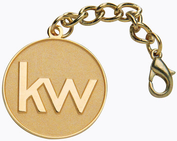 gold round medallion with KW informal logo and chain lobster claw key hook