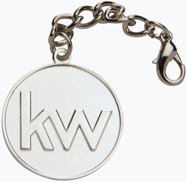 round silver keychain with lobster key ring and Keller Williams informal logo