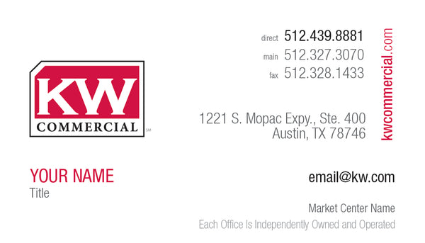 White horizontal business card with Keller Williams commercial logo and personal information