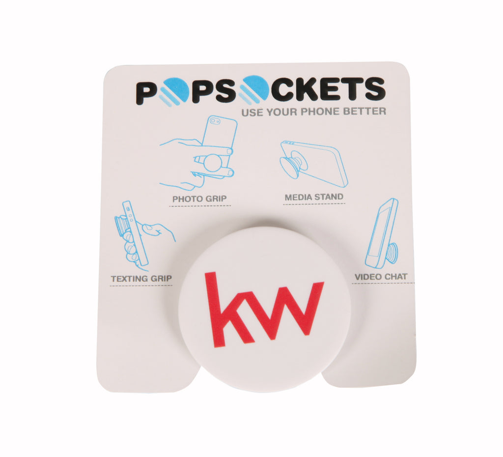 white pop socket with red kw informal logo centered
