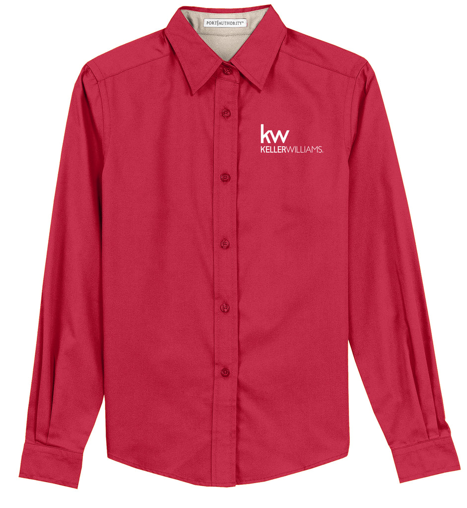 long sleeve red button down with white Keller Williams logo in emboidery