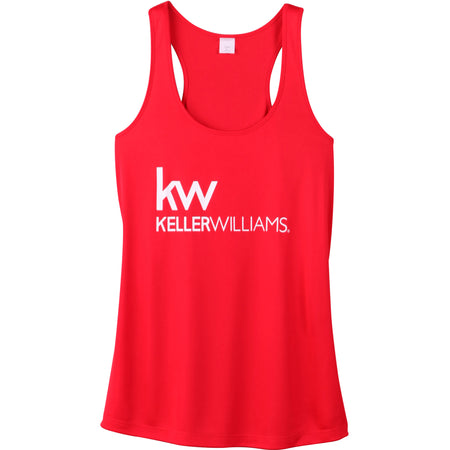 red racerback with screen printed Keller Williams logo in silver grey