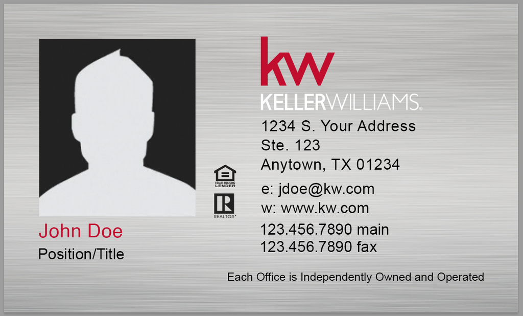 silver business card with photograph, personal information, and red and white Keller Williams logo