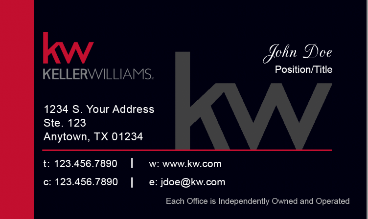 Black Keller Williams notecard with red side banner, KW logo, and personal information 