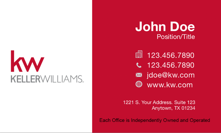 red and white business card with the Keller Williams logo and personal information