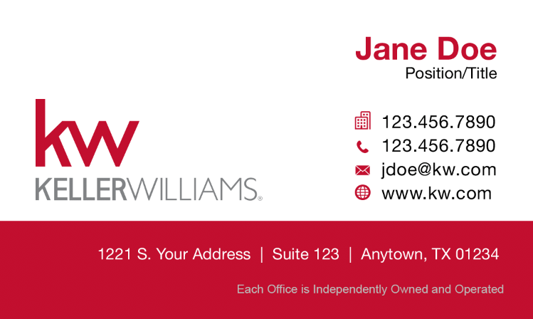 white business card with red footer, Keller Williams logo and personal information
