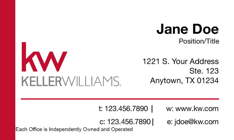 white business card with red Keller Williams banner and personal information