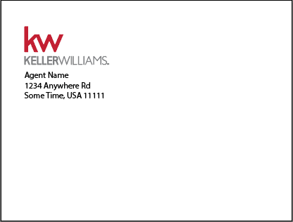a2 notecard envelopes with the Keller Williams logo and personal information in top corner