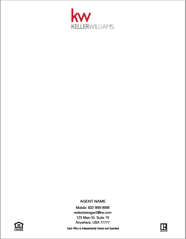 White 8.5x11 letterhead with Keller Williams logo centered on top and personal information on bottom