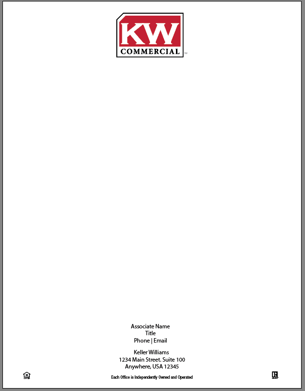 white 8.5x11 letterhead with Keller Williams commercial logo centered at top and personal information at bottom