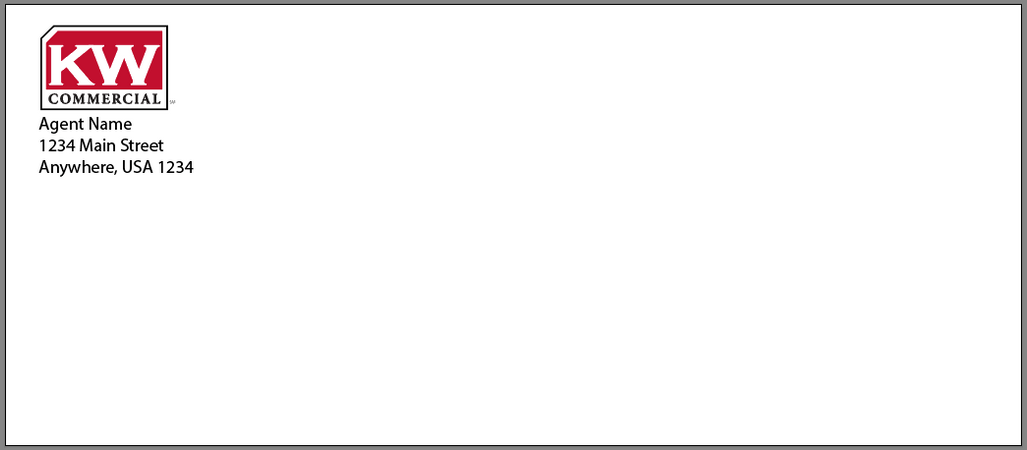 white #10 envelope with Keller Williams commercial logo in top corner and personal information underneath